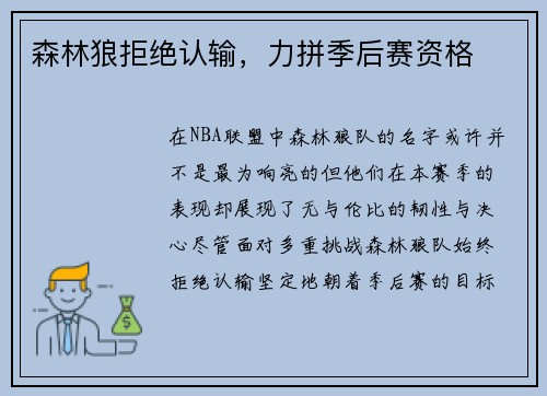 森林狼拒绝认输，力拼季后赛资格